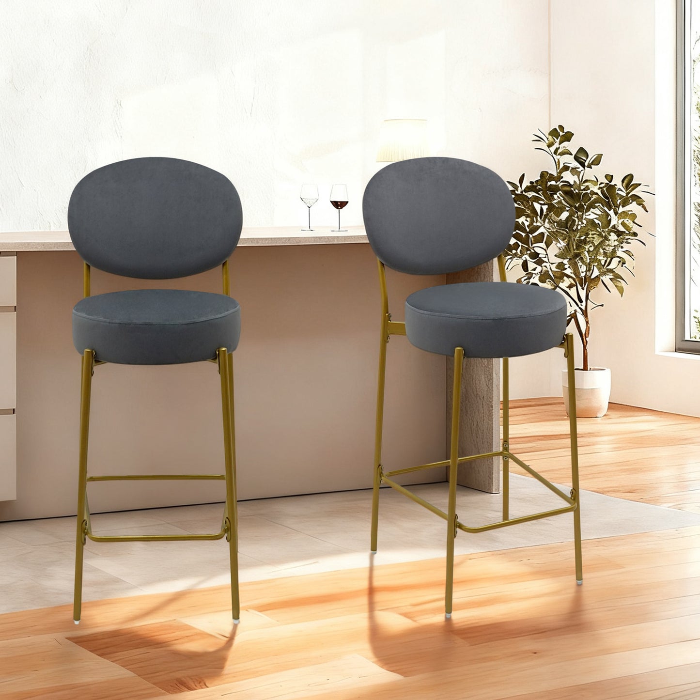 Set Of 2 Velvet Upholstered Bar Stools Round Counter Stool With Backrest & Footrest Dining Chairs For Kitchen Island  Gray