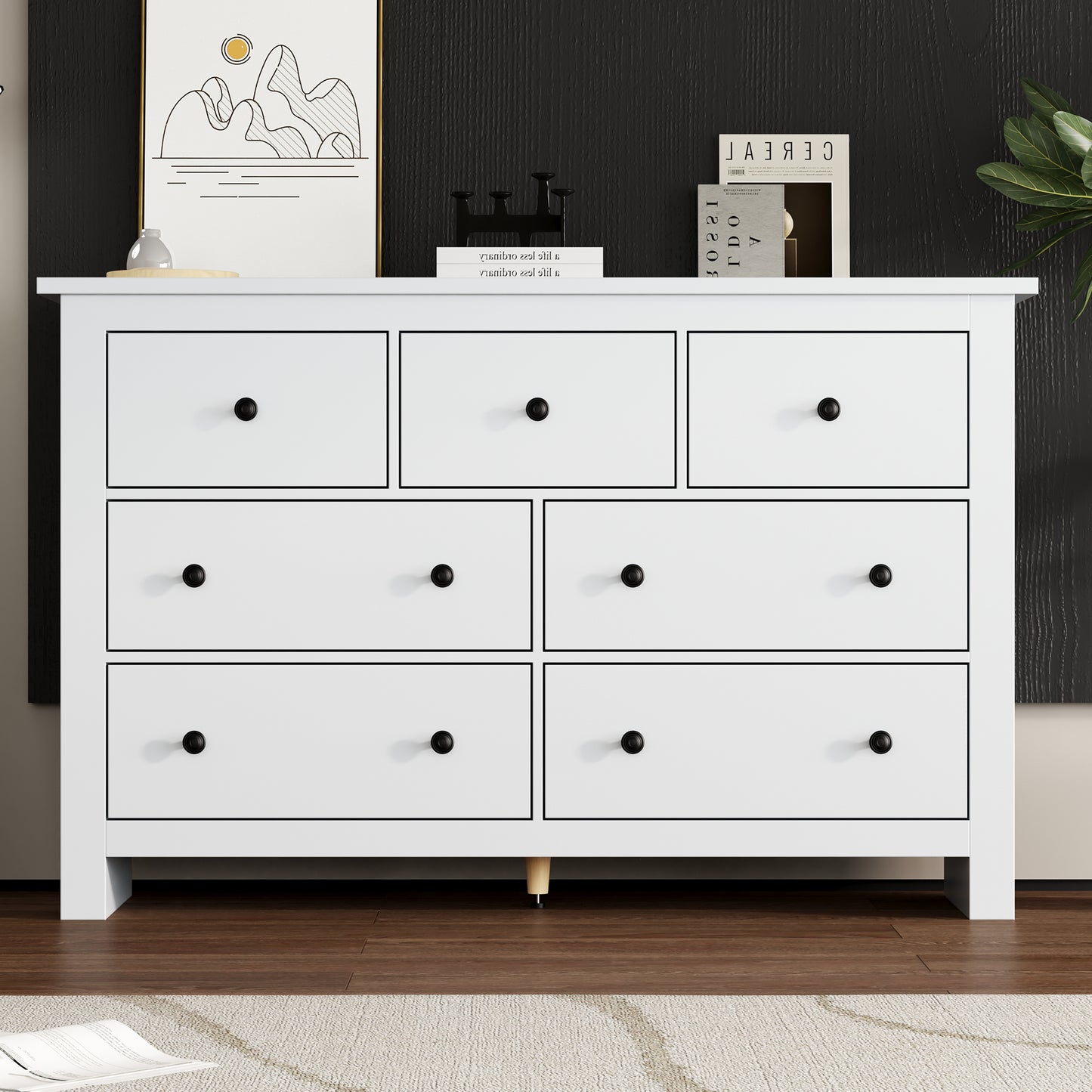 Modern Minimalist Large Capacity Dining Room Cabinet With Multiple Drawers, White Coffee Bar Cabinet With 7 Drawers For Entryway, Kitchen, Dining Room And Living Room