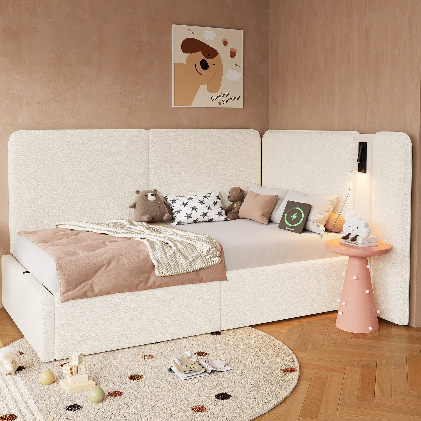 Daybed 90x200 Cm With Hydraulic Storage, Upholstered Bed, Daybed, Sofa Bed With USB Charging Port And Reading Lamp, Beige, Boucle