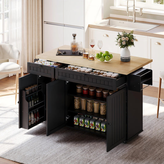 Kitchen Island With Folding Worktop, Kitchen Cabinet On 6 Lockable Castors, With Shelf, Door Shelf, 2 Large Drawers And Cabinet, Black, 137 X 89.5 X 45 Cm