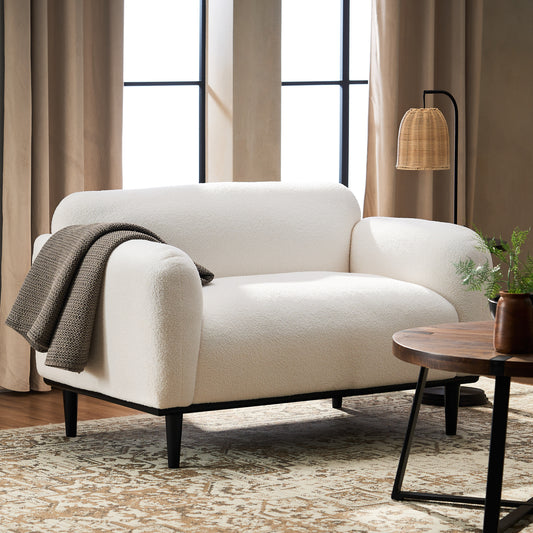 Boucle Fabric Loveseat Sofa - 50 Inch White Upholstered 2-Seater With Black Legs, Comfortable & Stylish For Living Room, Office, Or Reading Nook,White