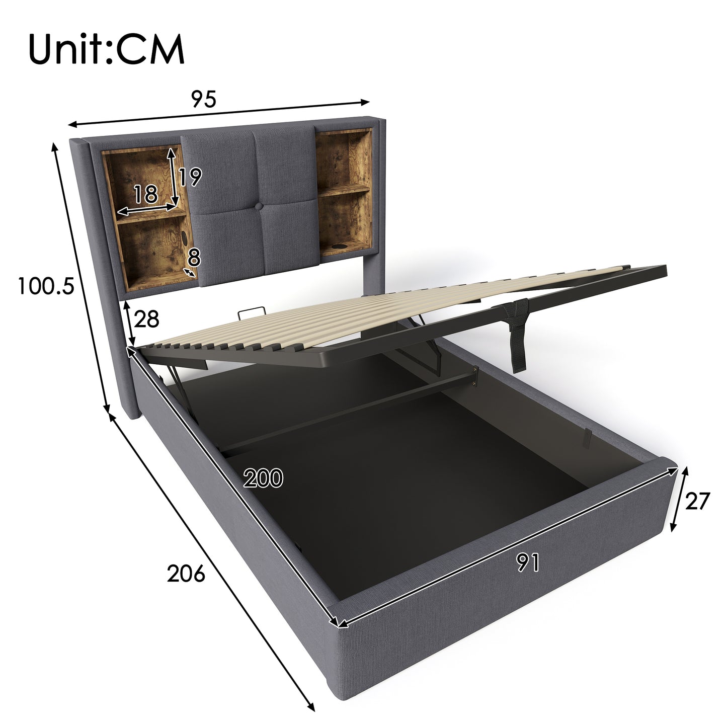 Single Bed With Wireless Charging USB C, Upholstered Bed Bed Frame 90x200cm, Bed Frame With Storage Slatted Base Made Of Wood-grey Cotton  Without Mattress