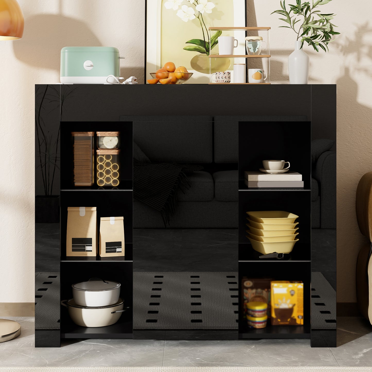 Modern Black Buffet With High Gloss Front  Compact, Stylish Storage Solution With Glass Shelves And Cabinet Door For Living Room, Dining Room Or Kitchen  95x35x83 Cm