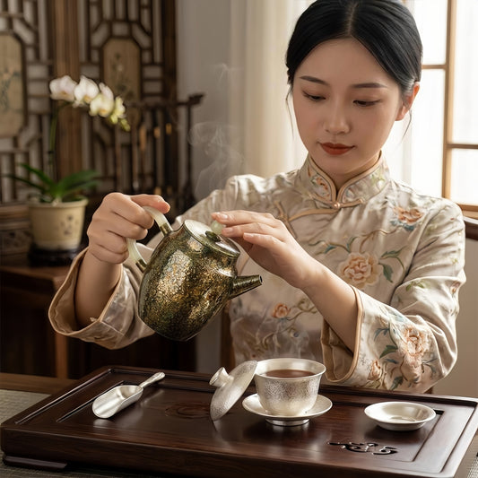 925 Sterling Silver Luxurious Mosaic Teapot with Jade-Inspired Handle and Shimmering Textured Body - Handicraft