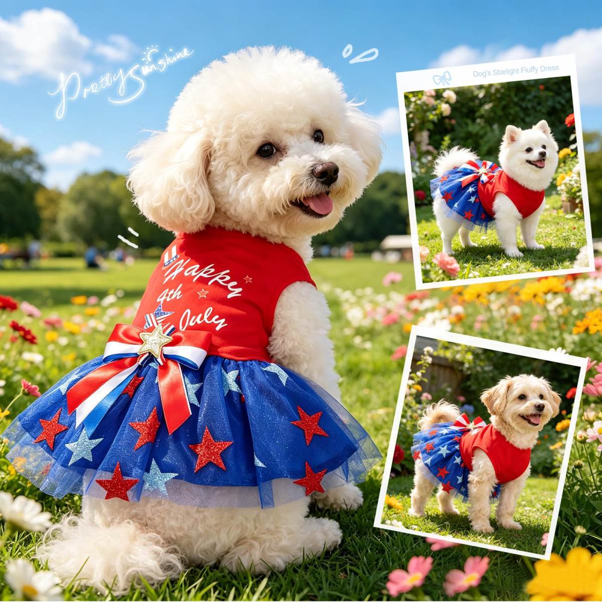 Dog Tulle Dress Independent Day Patriotic Stars Dog Outfit Sparkly Pet Holiday Dress With Bow For Small Dogs Cat Clothes