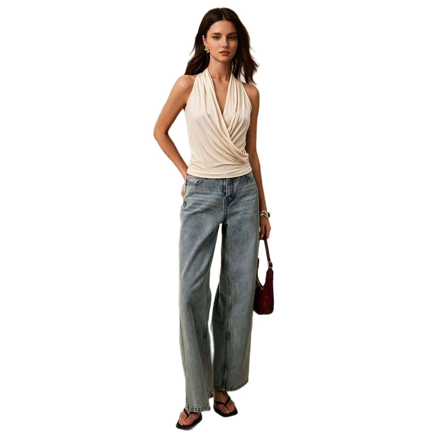 New Womens V-neck Sleeveless Draped Halter Top