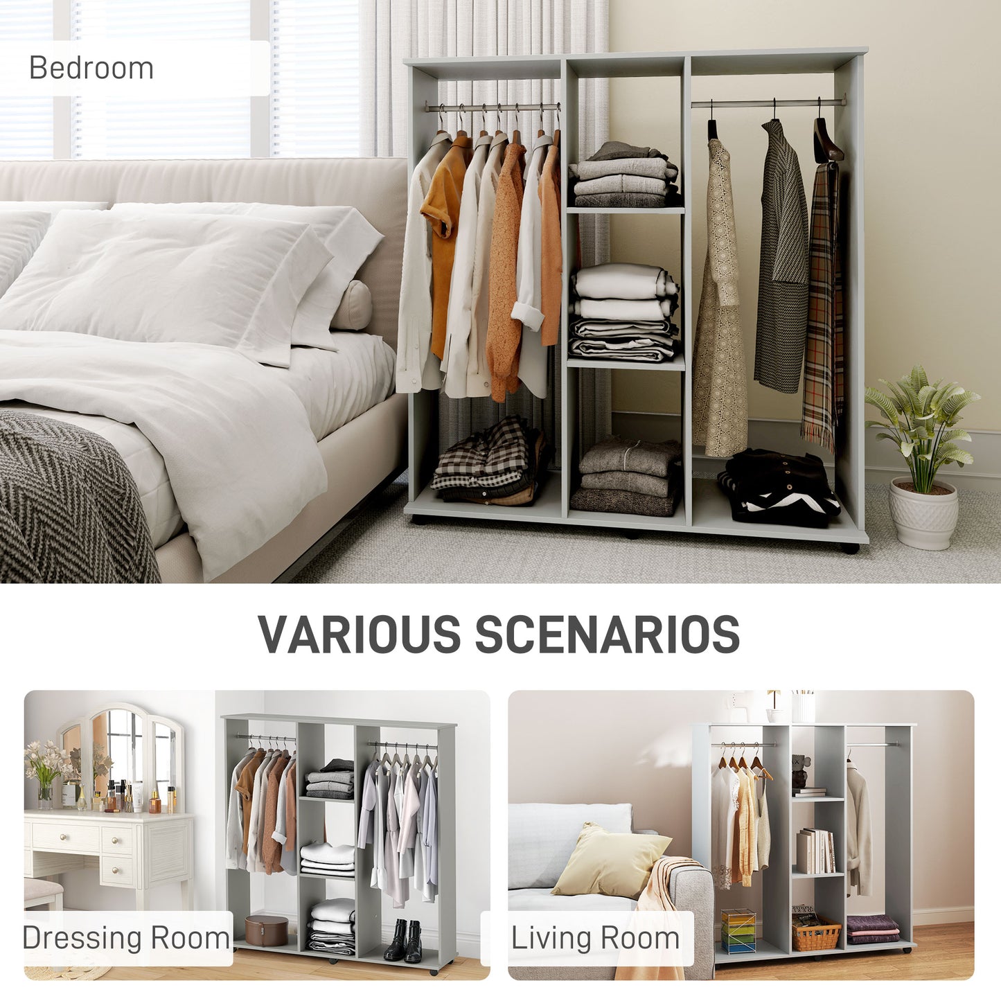 Open Wardrobe Double Mobile Storage Shelves Organizer W/6 Wheels-Grey