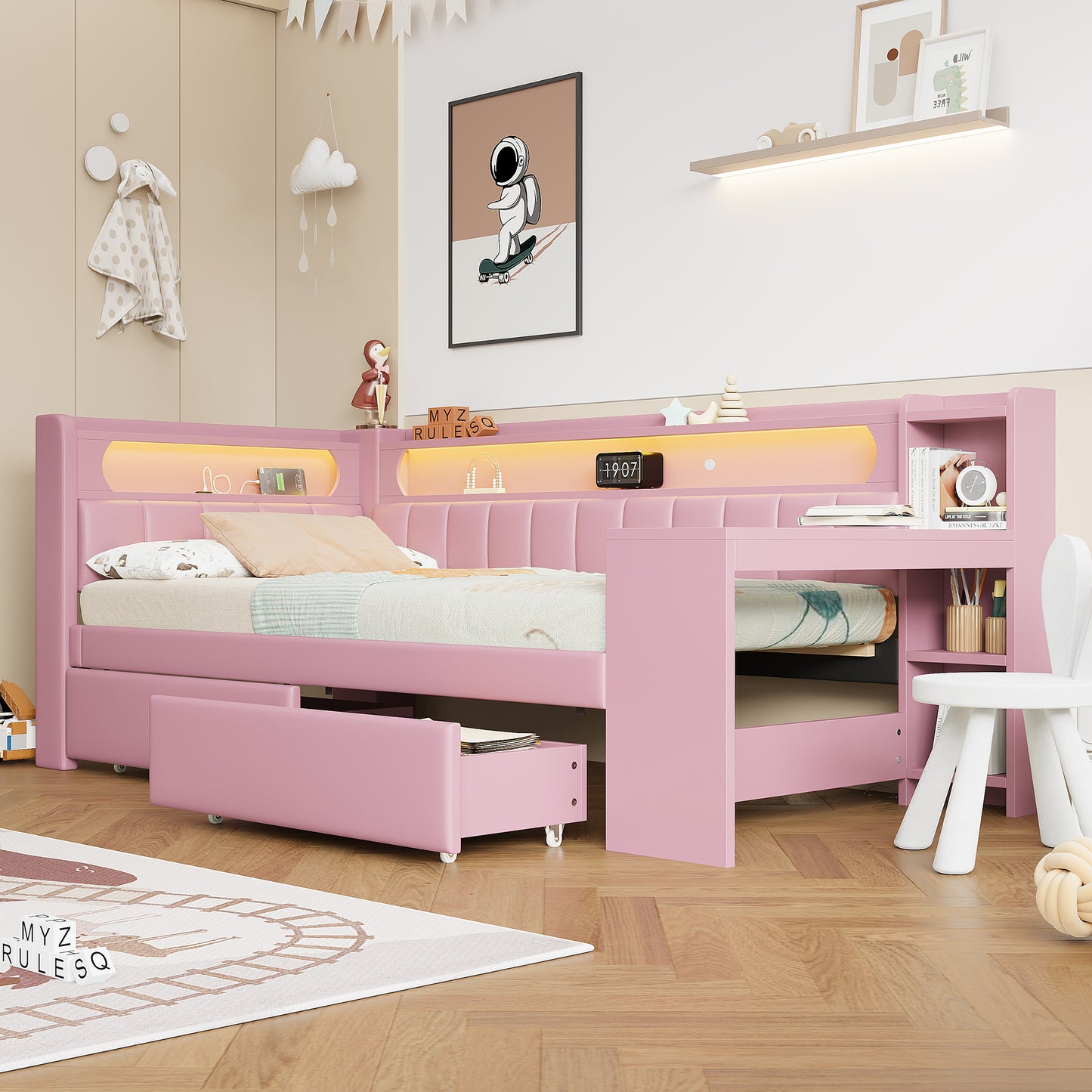 Padded 90x200 Daybed With USB Ports And LED Belt, With Desk And 2 Drawers, Pink