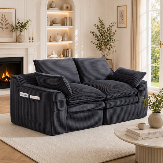 Modular 2-seater Corduroy Sofa  With Cushions And Two Different Sized Side Pockets, 3-layer Foam  Spring Core For Quick Rebound. Ideal For Living Room, Office And More. Dark Grey