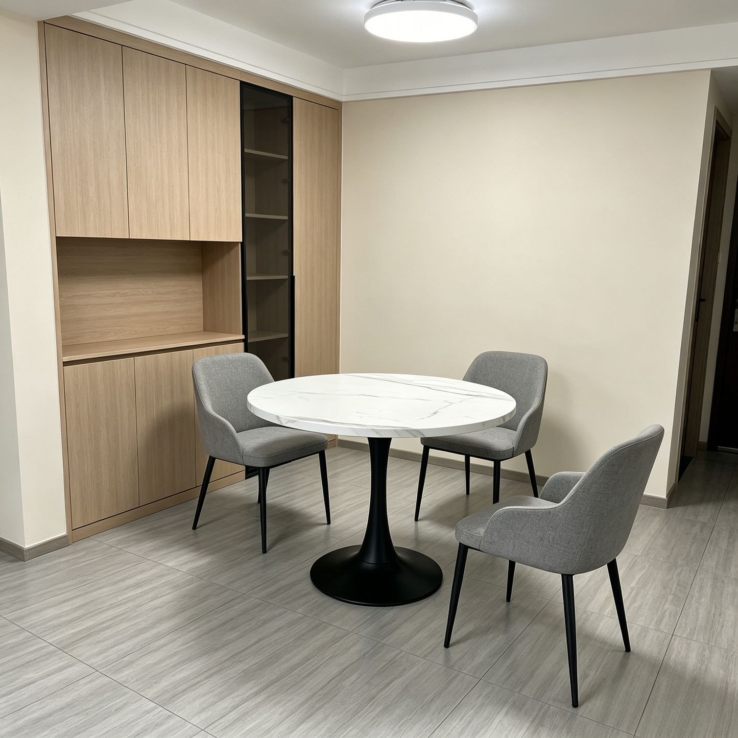 80cm Modern Round Dining Table For 2-4 Small Reception Table With White Marble Pattern Wooden Desk And Black Metal Pedestal Circle Kitchen Table For Home Office Dining Room Apartment