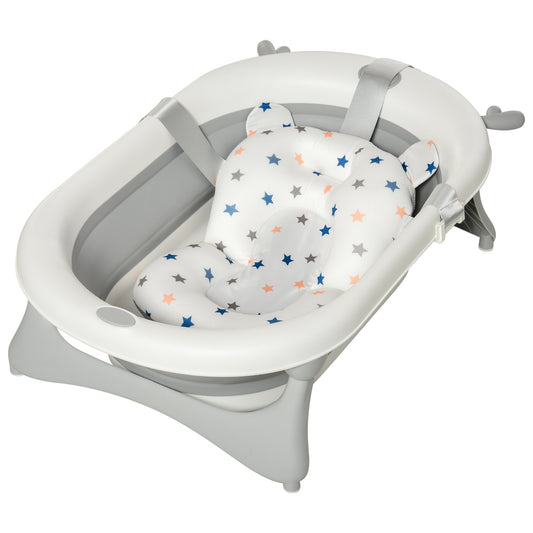 Foldable Baby Bathtub Set, Collapsible Bath Tub With Thermostatic Water Plug, Non-Slip Support, Cushion Pad, Drain Plugs, For Newborn To 3 Years - Offwhite