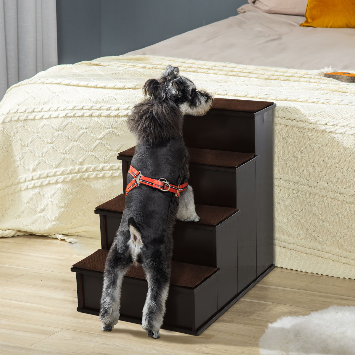 PawHut 4 Step Wooden Dog Steps Pet Stairs For Dogs, Cat Ladder For Bed Couch With Non-Slip Carpet 40 X 59 X 54.2 Cm, Dark Brown