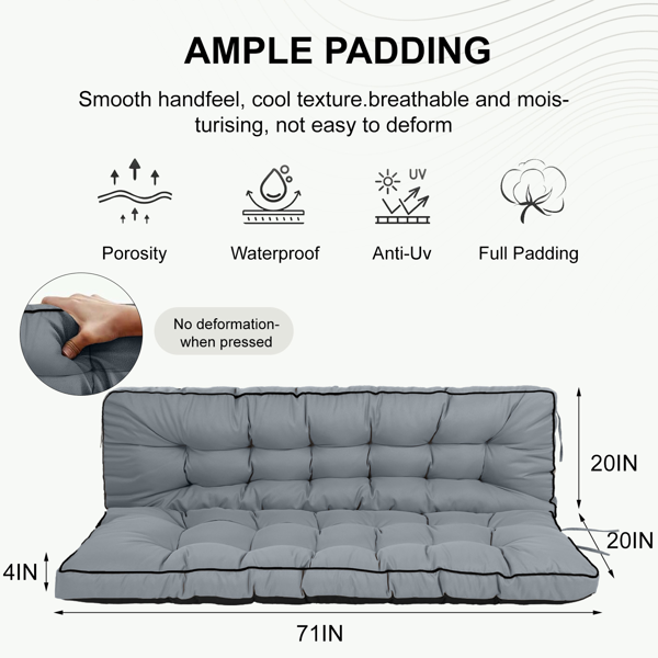 Outdoor Swing Cushions 70 Inch,Waterproof 4in Thick Porch Swing Cushion Replacement With Backrest And Ties,Comfortable 2-3 Seat Pation Swing Pad For Backyard,Garden,Lawn,Outdoor Furniture Light Grey