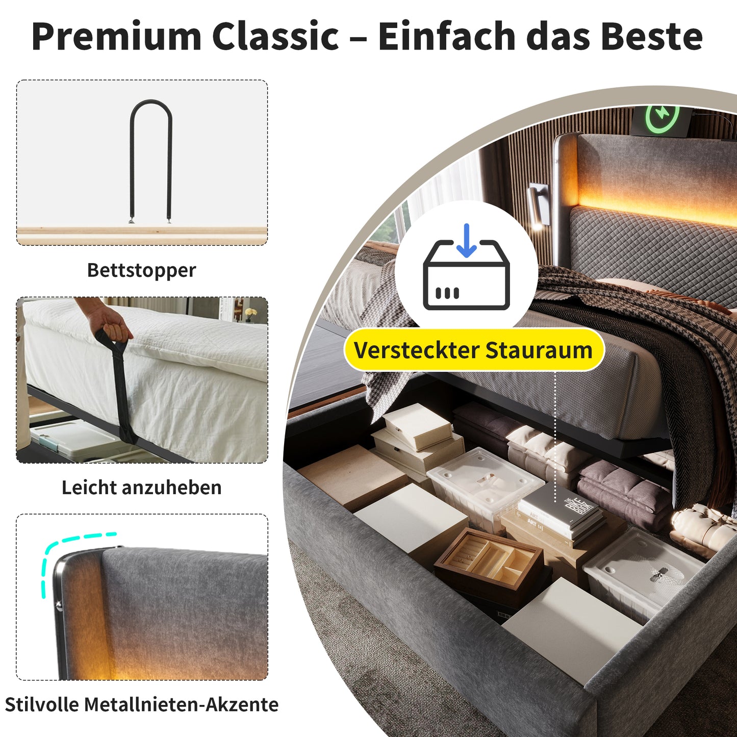 Modern Hydraulic Bed With High Headboard, 160x200cm Double Bed With LED Lighting, Storage Space & USB Type-C Ports, In Linen Look Grey  Without Mattress
