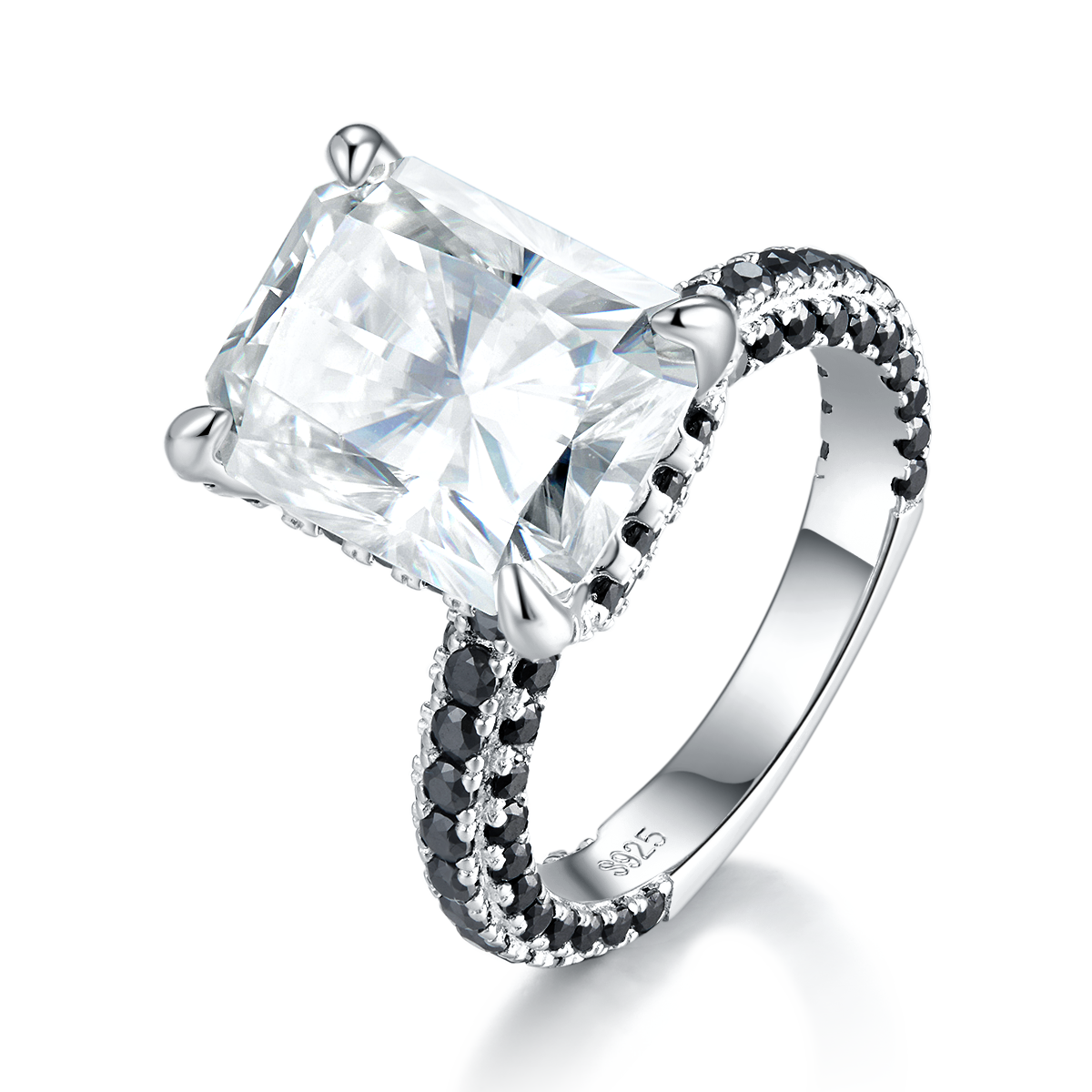 S925 Sterling Silver 8ct Moissanite Ring, 10x12mm D-VVS1 Contrast Black Pave Band, Platinum Plated US Sizes 5-9 GRA Gift Box