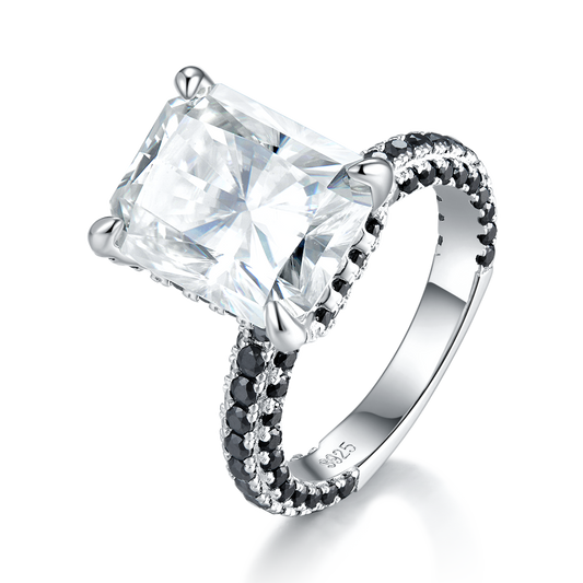 S925 Sterling Silver 8ct Moissanite Ring, 10x12mm D-VVS1 Contrast Black Pave Band, Platinum Plated US Sizes 5-9 GRA Gift Box