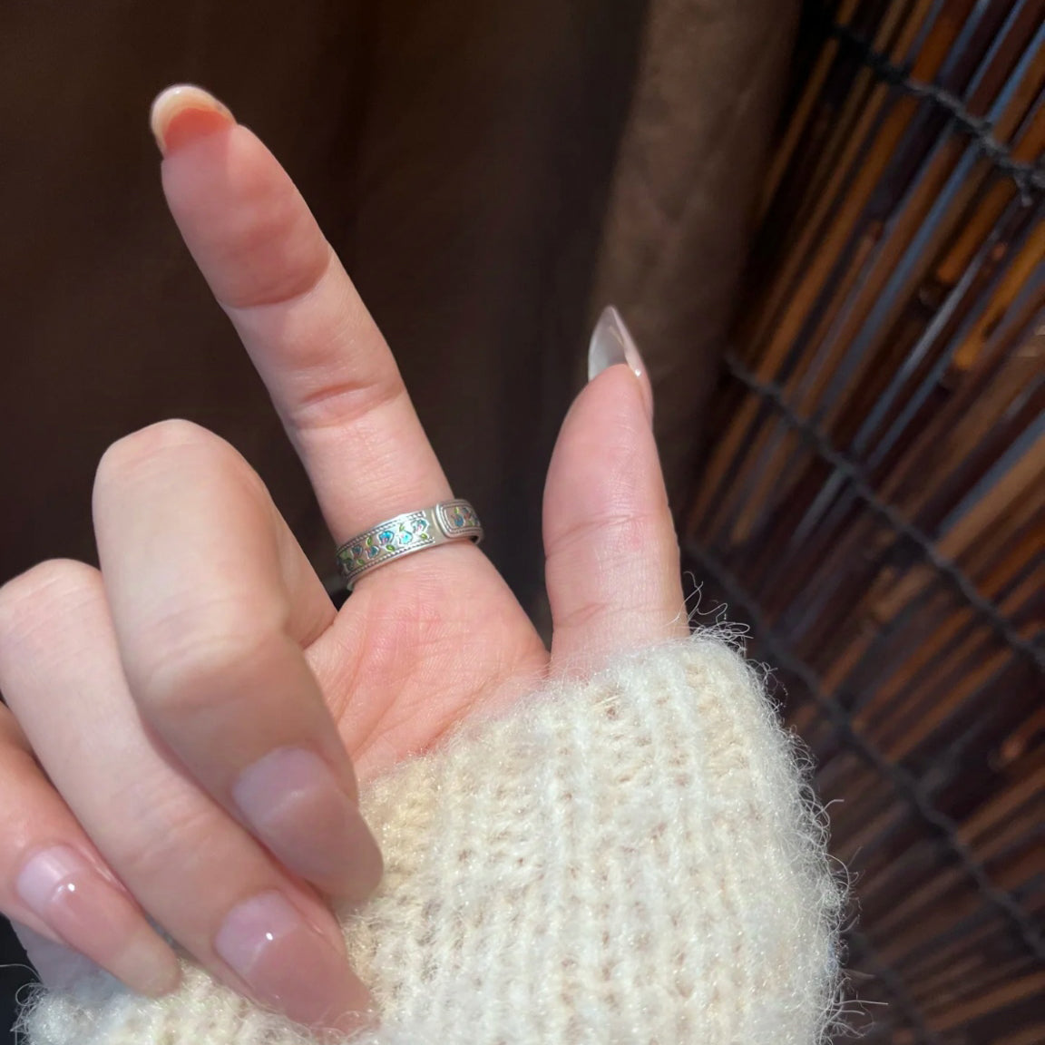 1pc 999 Sterling Silver Enamel Apricot Leaf Vine Ring, Retro & Fresh Style, Perfect For Daily, Dating & Gifting, Ideal Valentine's Gift