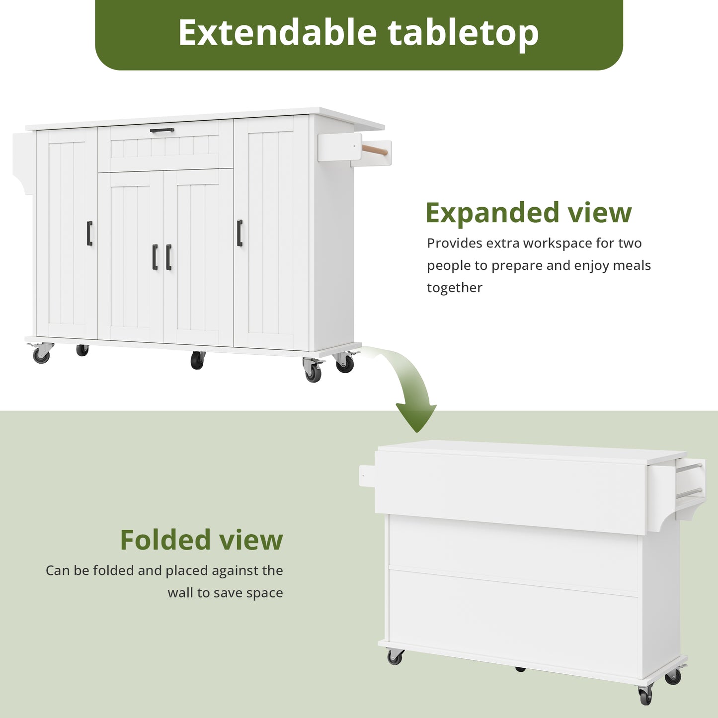 Kitchen Island With Folding Worktop, Kitchen Trolley On Wheels, Kitchen Cabinet With 4 Doors And 1 Drawer, Integrated Spice Racks In The Doors, Double-sided Towel Rails, White,120x45 -70x95
