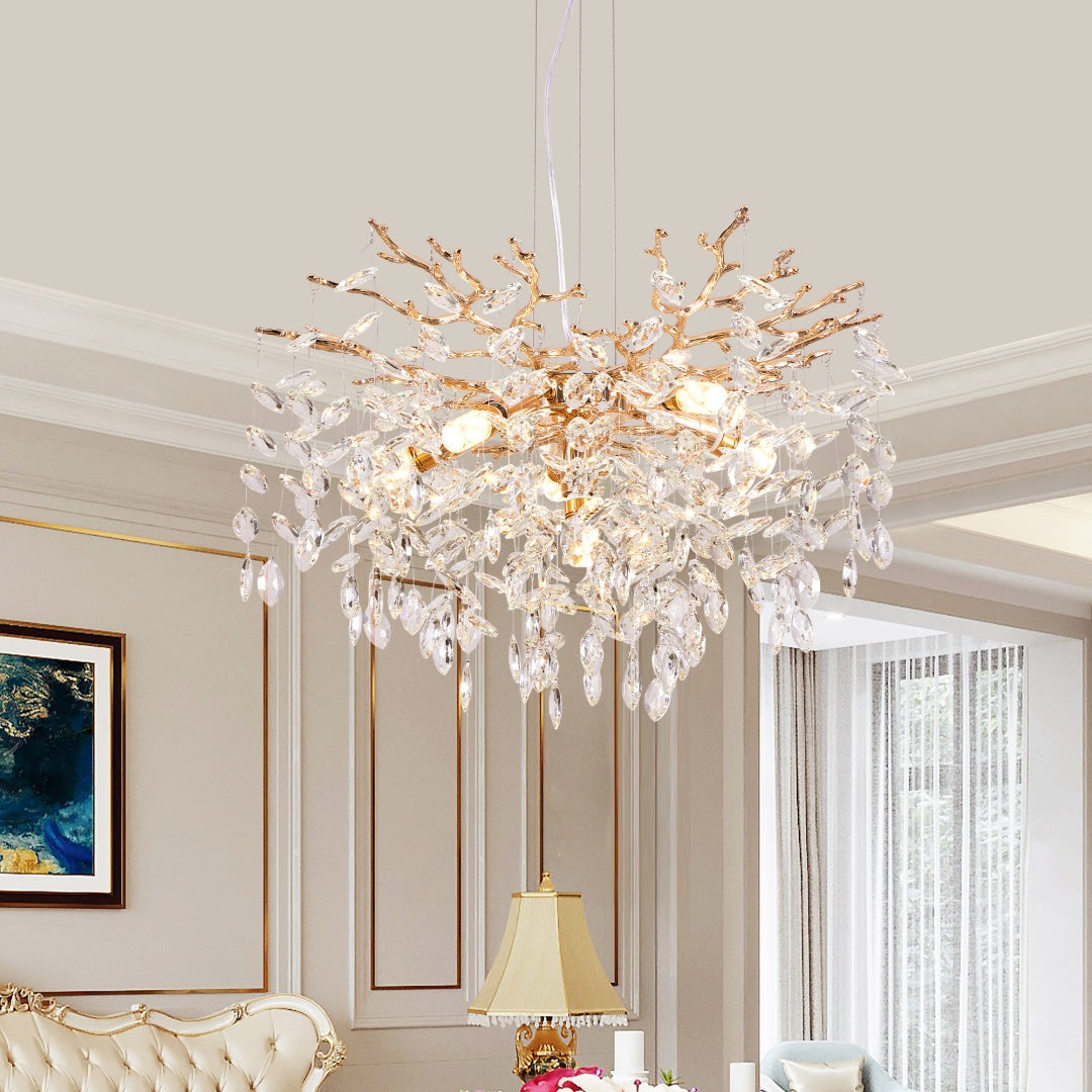 Modern Tree Branch Crystal Chandelier Luxury Gold Crystal Pendant Lighting 23.6in Contemporary 6-Light Chandeliers For Dining Room Kitchen Bedroom Living Room Bulb Is Not Including