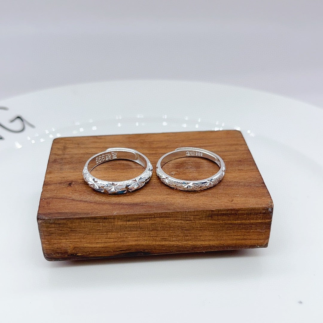 1 Pair 999 Sterling Silver Sparkling Starburst Couple Rings, Polished Carved Style, For Daily Wear & Valentine's Gifts