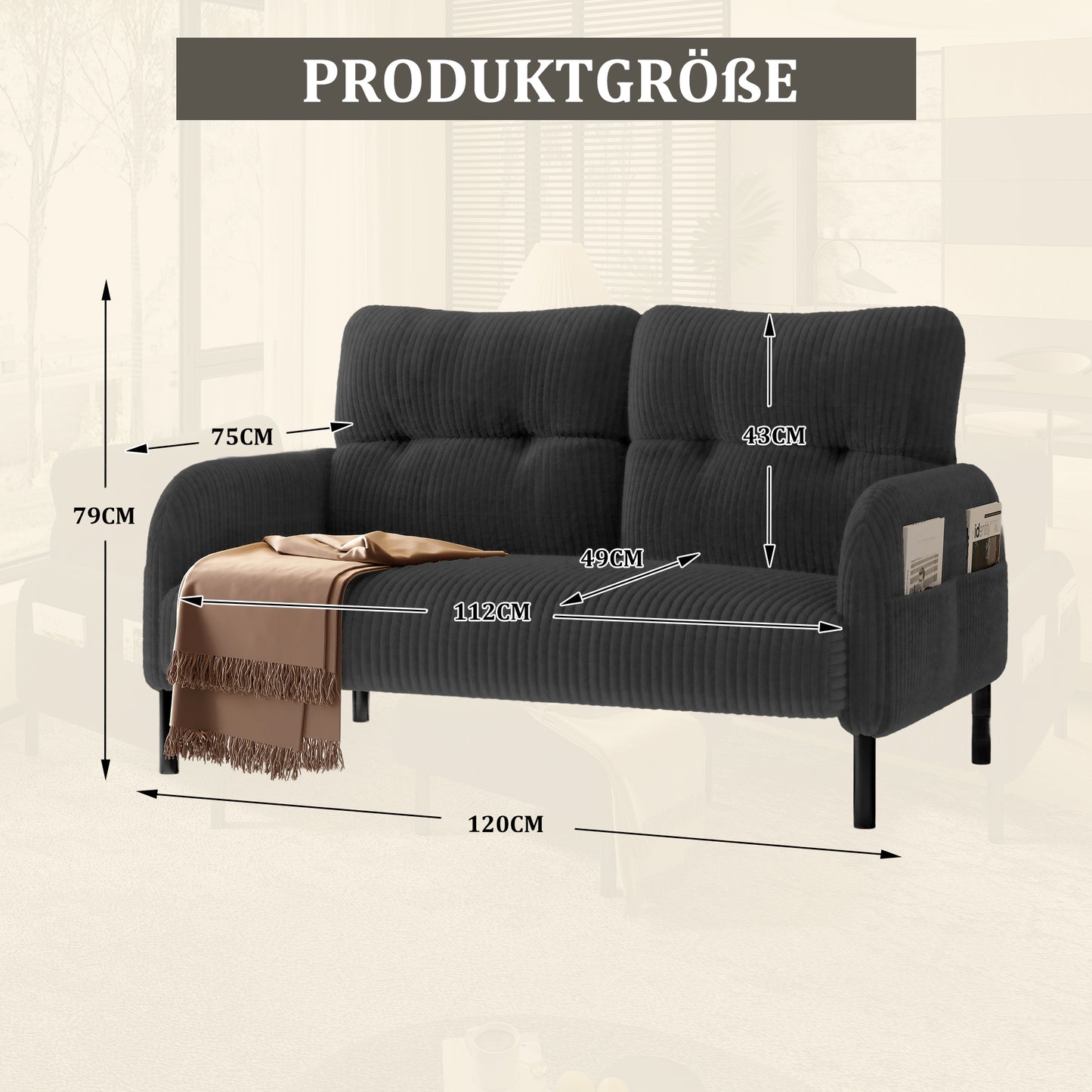 Corduroy Two-seater With Comfort Padding High Backrest & Side Pockets Metal Feet Integrated Side Pockets Inviting Softness With Optimal Support Perfect For Home Office Lounges