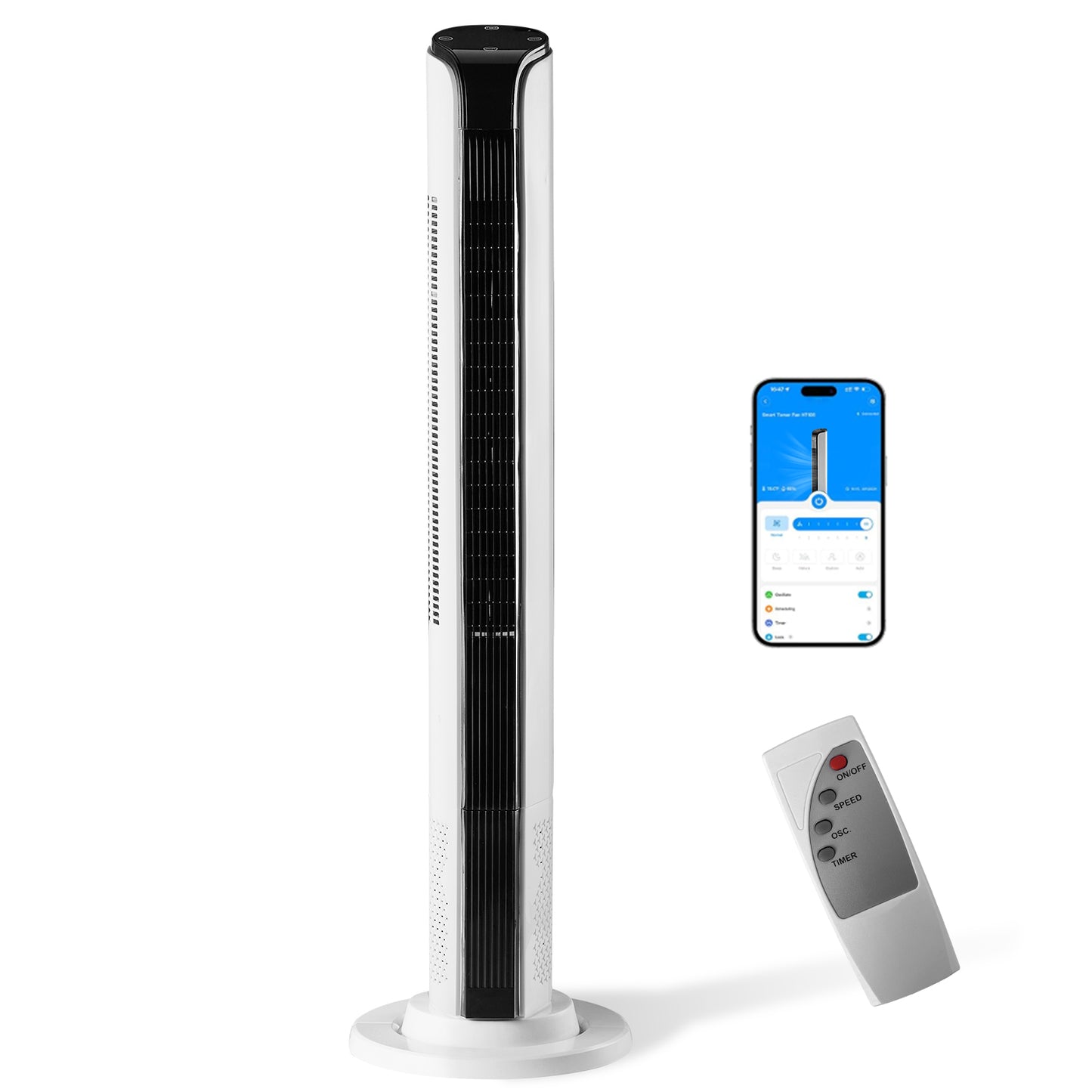42 Inch Smart Tower Fan, 110V 65W All-Copper Motor Bladeless Standing Fan, Remote WiFi APP Control, Digital Display, 3 Speeds 3 Modes, 12H Timer, Space Saving Tower Fan For Bedroom Living Room, No Wat