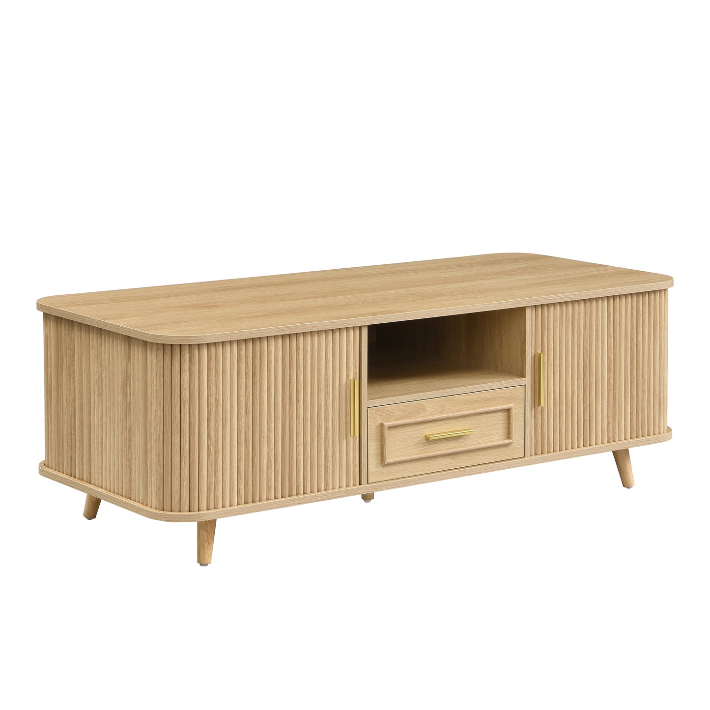 Mid-Century Modern Coffee Table With Storage Natural Wood Finish, 2 Doors & 1 Drawer, For Living Room, Entertainment Center, Home Theater