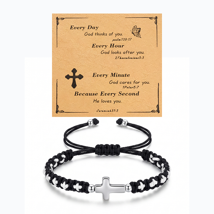 Handmade Braided Cross Bracelet For Men Women, Stainless Steel Religious Protection Bracelet, Adjustable Nylon Cord Christian Gift With Scripture Card