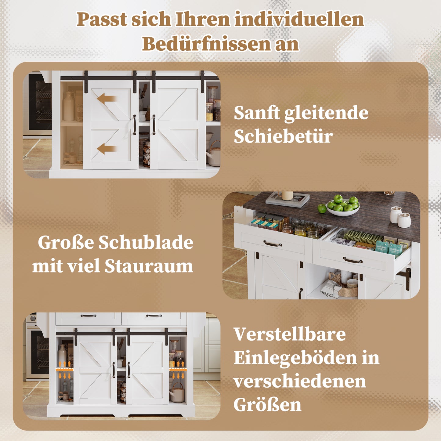 Kitchen Island With Folding Worktop, Kitchen Trolley On Wheels, Kitchen Cabinet With 2 Sliding Doors And 2 Drawers, Barn Style, White, Kitchen Storage Cabinet, 120x45 X91 Cm