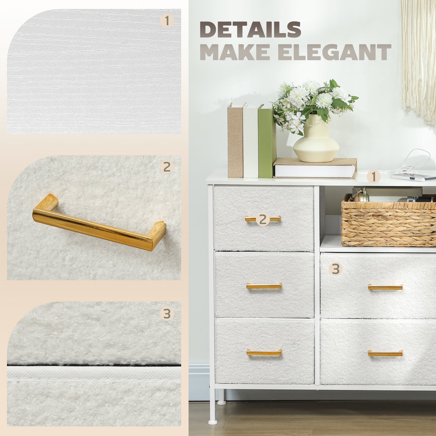 Boucle Chest Of Drawers, 8 Fabric Drawers Storage Organiser With Charging Station, 2 USB And 2 AC Ports, Steel Frame, Fabric Dresser For Living Room, Bedroom, Hallway, Cream White