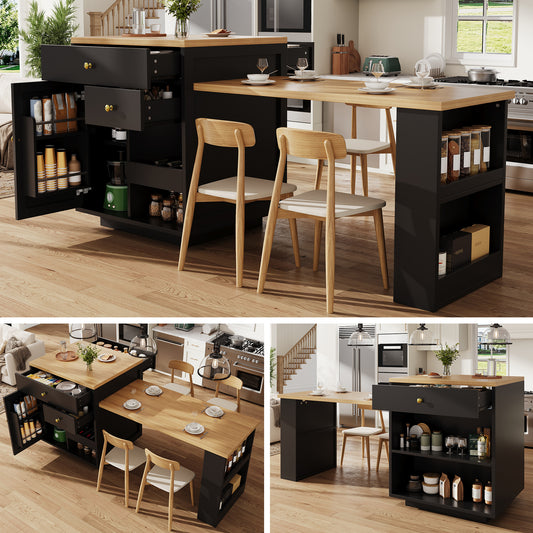 Extendable Bar Table With Storage 122.5-195.5x70x93.8cm, With Three Drawers And Wine Rack, Kitchen Island With Extendable Table, For 2-6 People, Kitchen Dining Cart With Side Shelves, Black