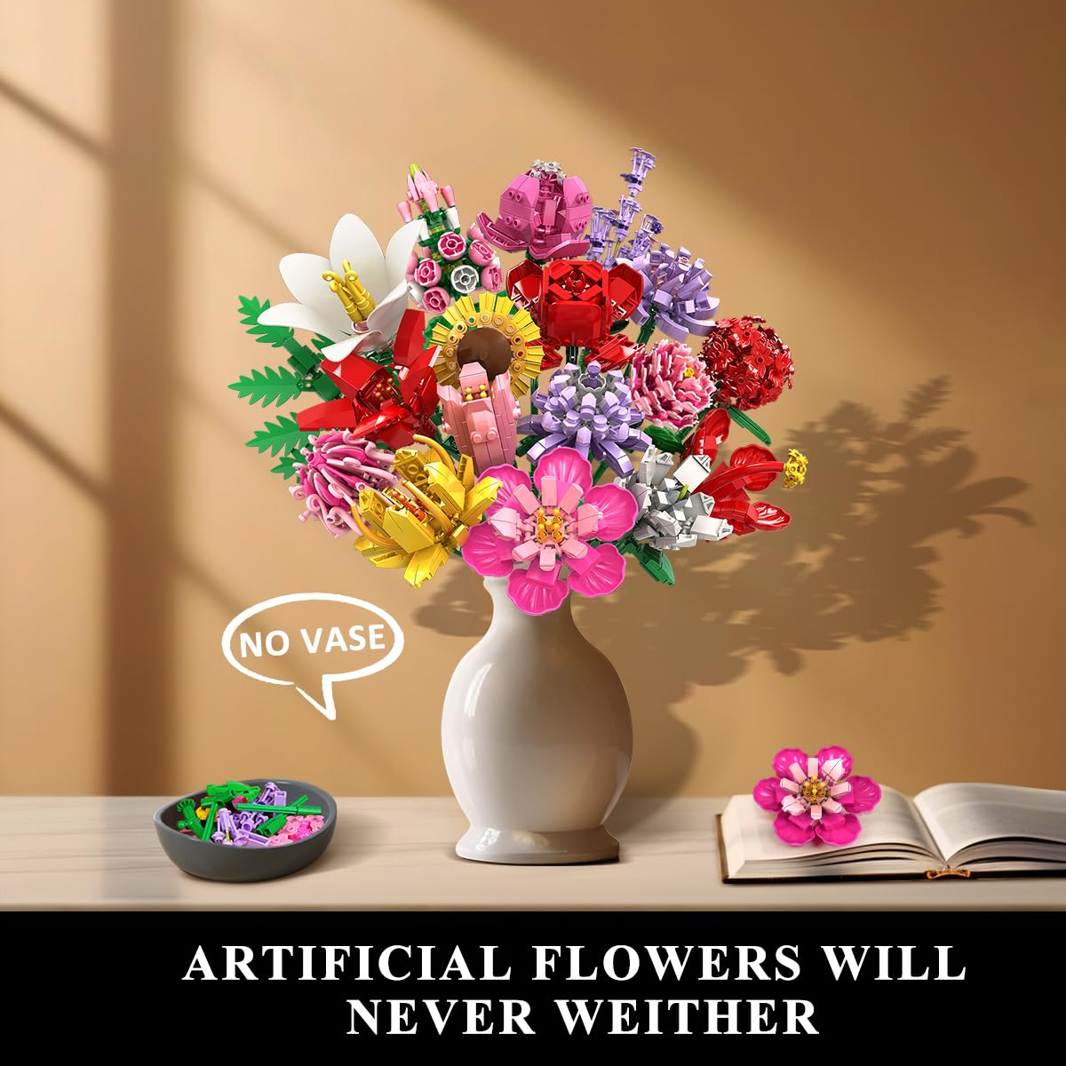 Flower Bouquet Building Set, Valentines Day Botanical Building Block Toy 1464 PCS, 18 Flowers Rose Sunflower Home Plant Decor, Birthday Gifts For Adults Women Boys Girls
