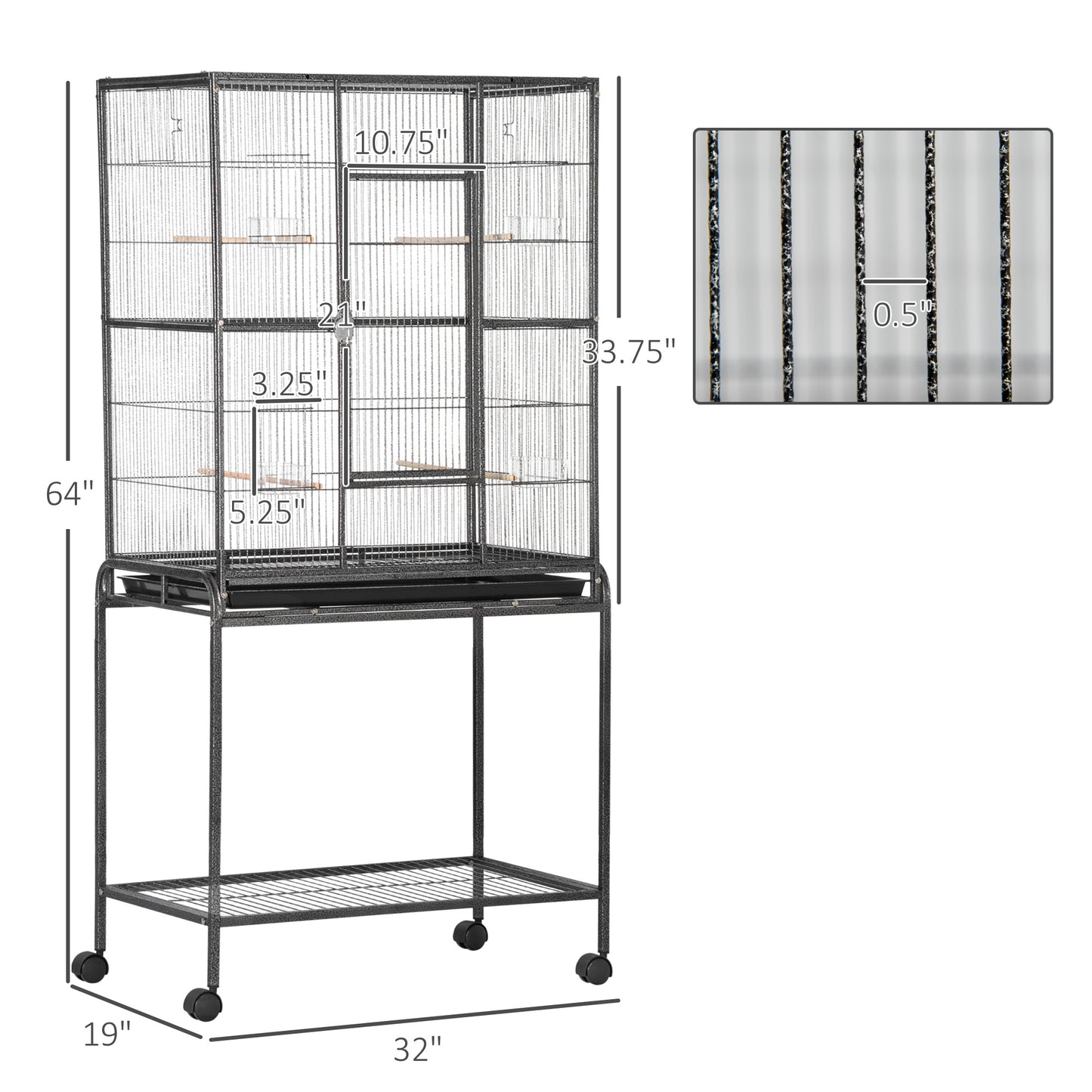 30" Rolling Metal Bird Cage Feeder with Detachable Rolling Stand, Storage Shelf, Wood Perch & Food Container