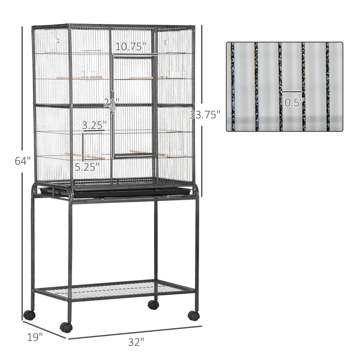 30" Rolling Metal Bird Cage Feeder with Detachable Rolling Stand, Storage Shelf, Wood Perch & Food Container
