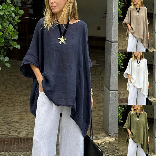 Womens Irregular Fashion Solid-Color Round-Neck Casual Top