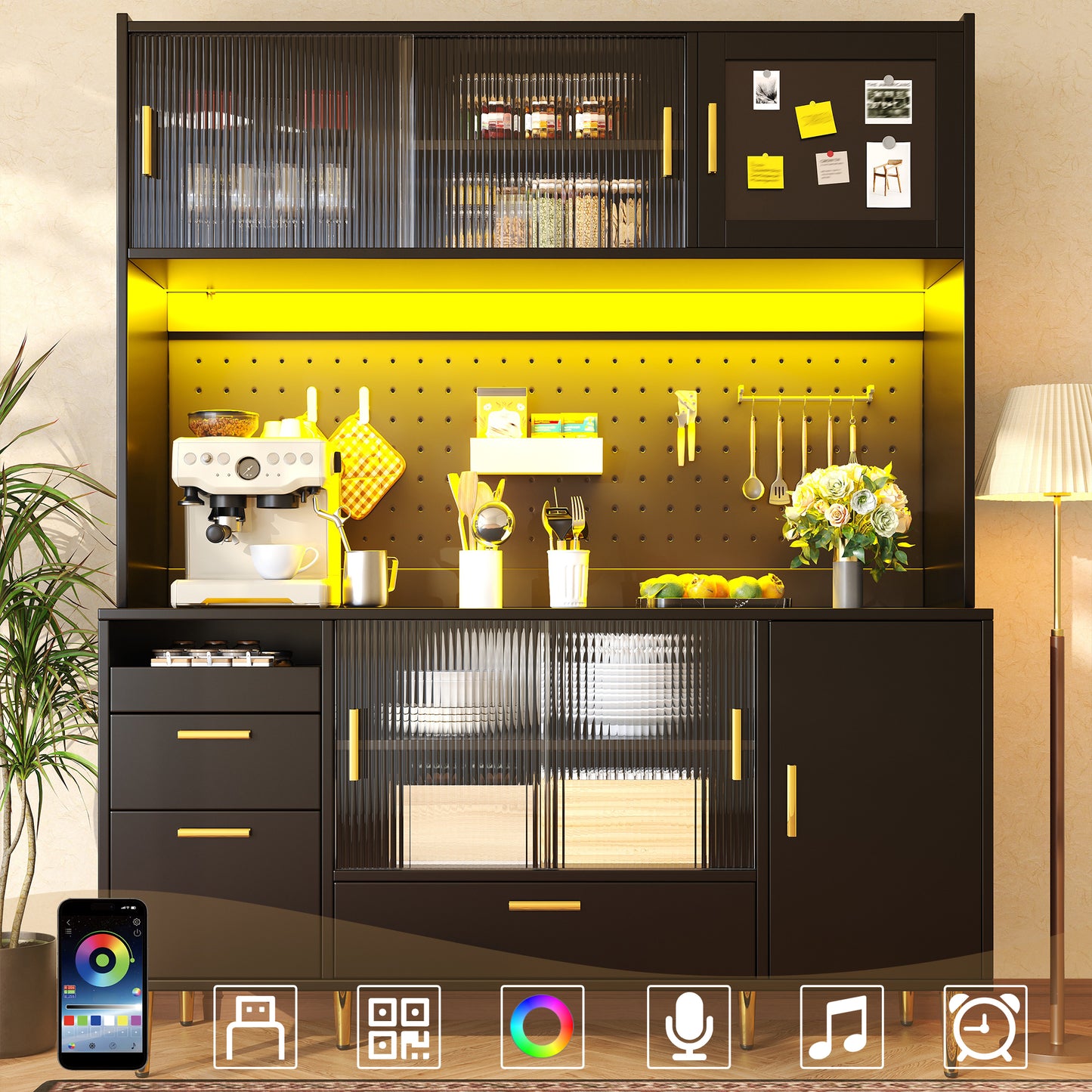 Tall Cabinets For The Living Room  140x40x180cm , Kitchen Cabinet, Dining Room Cabinet, Cabinets With LED Lighting, Magnetic Door Panels, Tall Cabinet With Pegboard Shelves, Black
