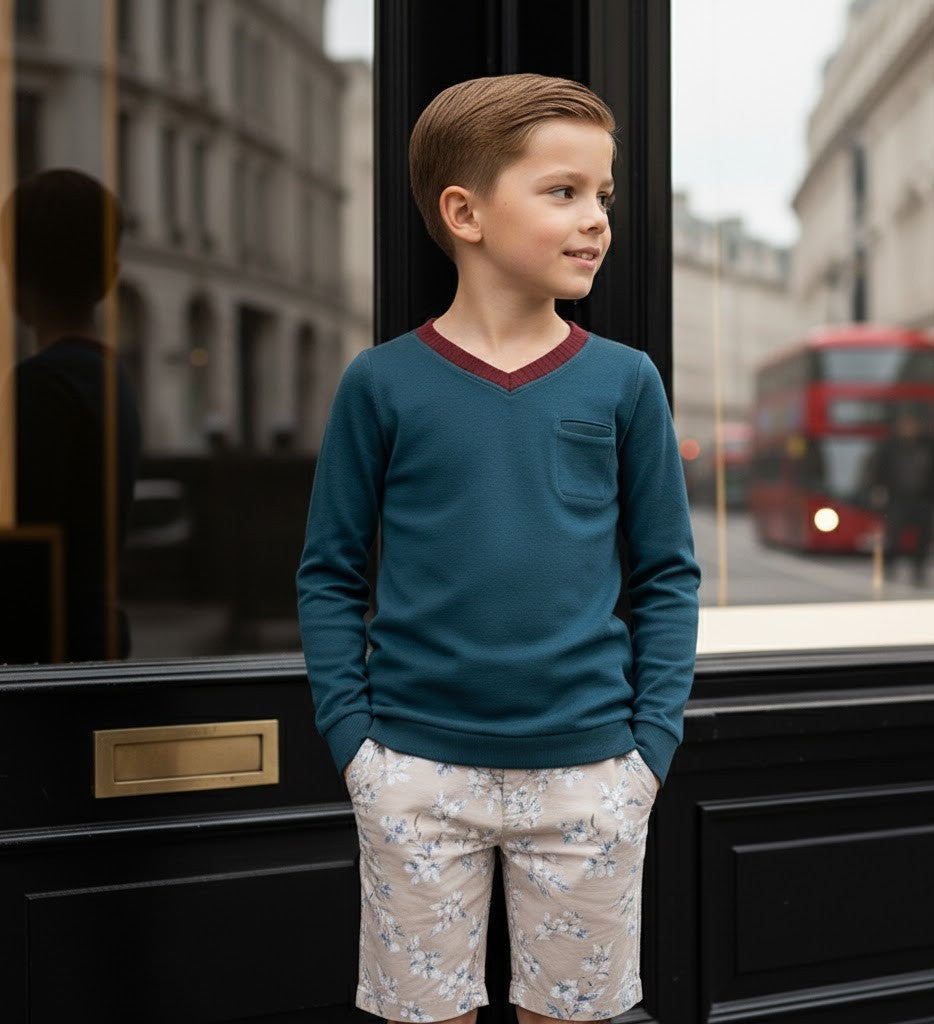 Boys V Neck Long Sleeve Top Lightweight Spring Summer Casual Smart T Shirt 3-10Y