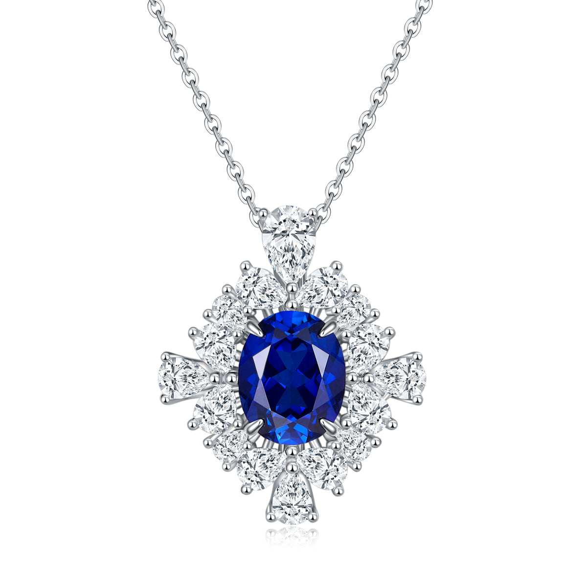 S925 Sterling Silver Floral Halo Pendant Necklace, 10x8mm Lab-Grown Ruby Sapphire Emerald, Platinum Plated 45cm Chain, 5g Gift Box