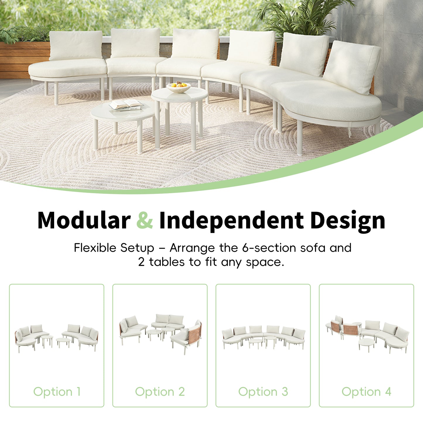 TOPMAX 8-Piece Patio Sofa Furniture Set, Half Moon Outdoor Sectional Sofa With 2 High-Low Coffee Tables, PE Wicker Rattan, Tempered Glass, 6 Pillows & Cushions, For Backyard, Garden, Poolside,Beige