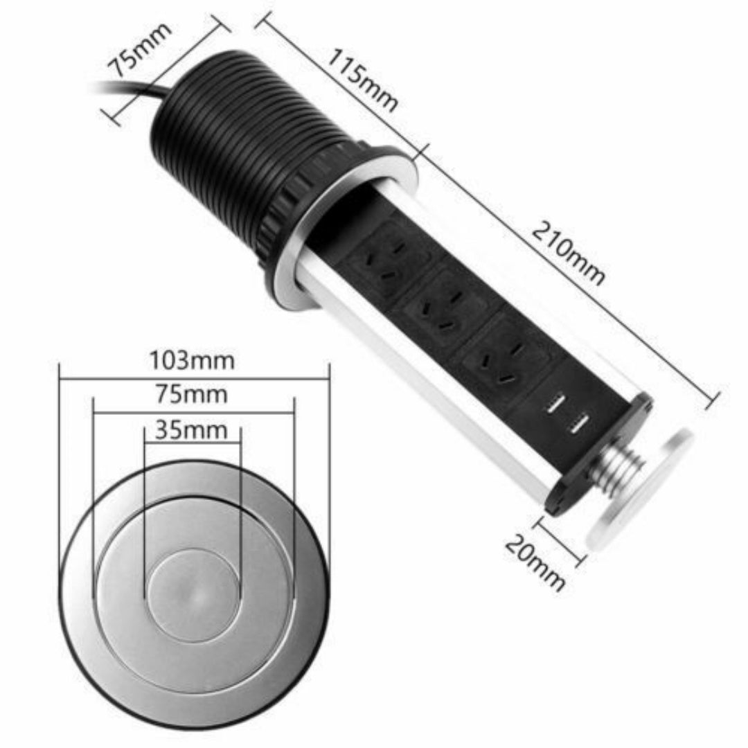 Pop Up Power Point 3 Socket Plug   2 USB Table Home Kitchen Desk Outlet