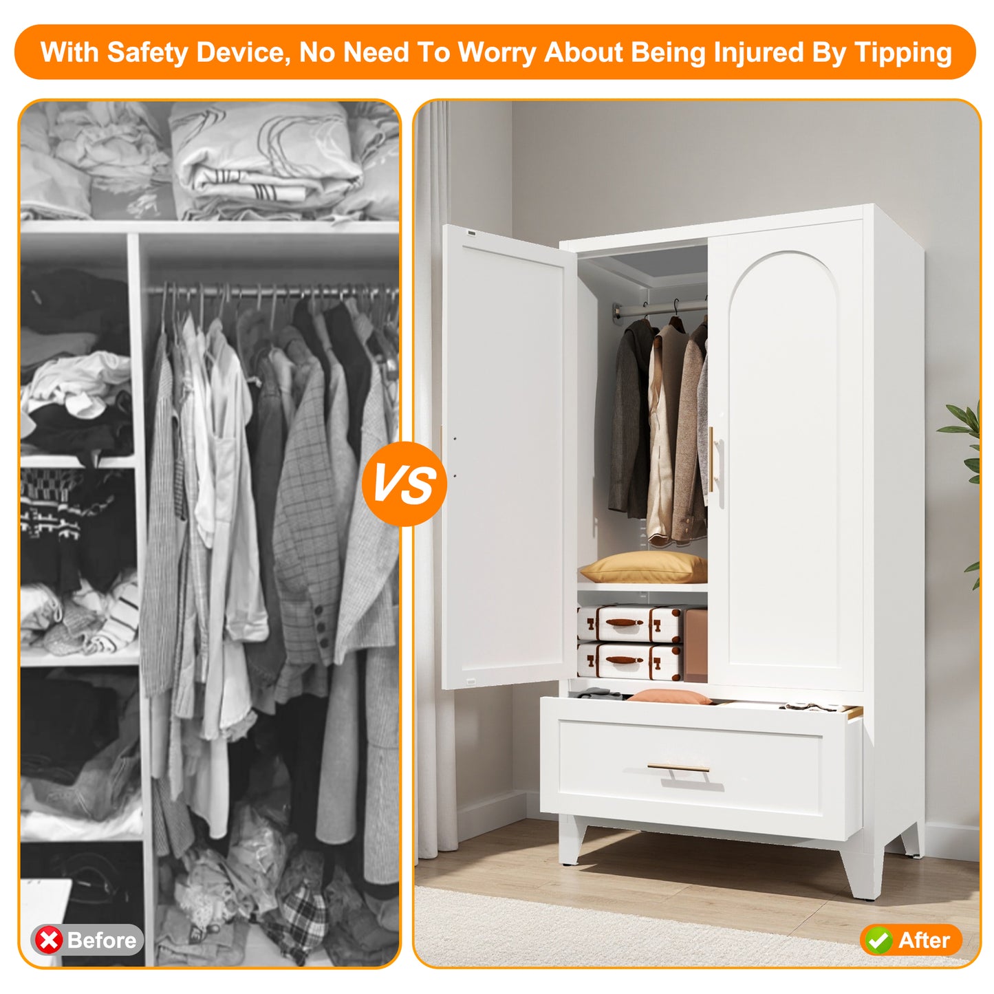 60inch Tall Metal Wardrobe Cabinet With 1 Drawer And Hanging Rod, 2 Doors Wardrobe Closet With Shelf For Bedroom, Office, Laundry Room,Entryway ,Foyer,Guesthouse White