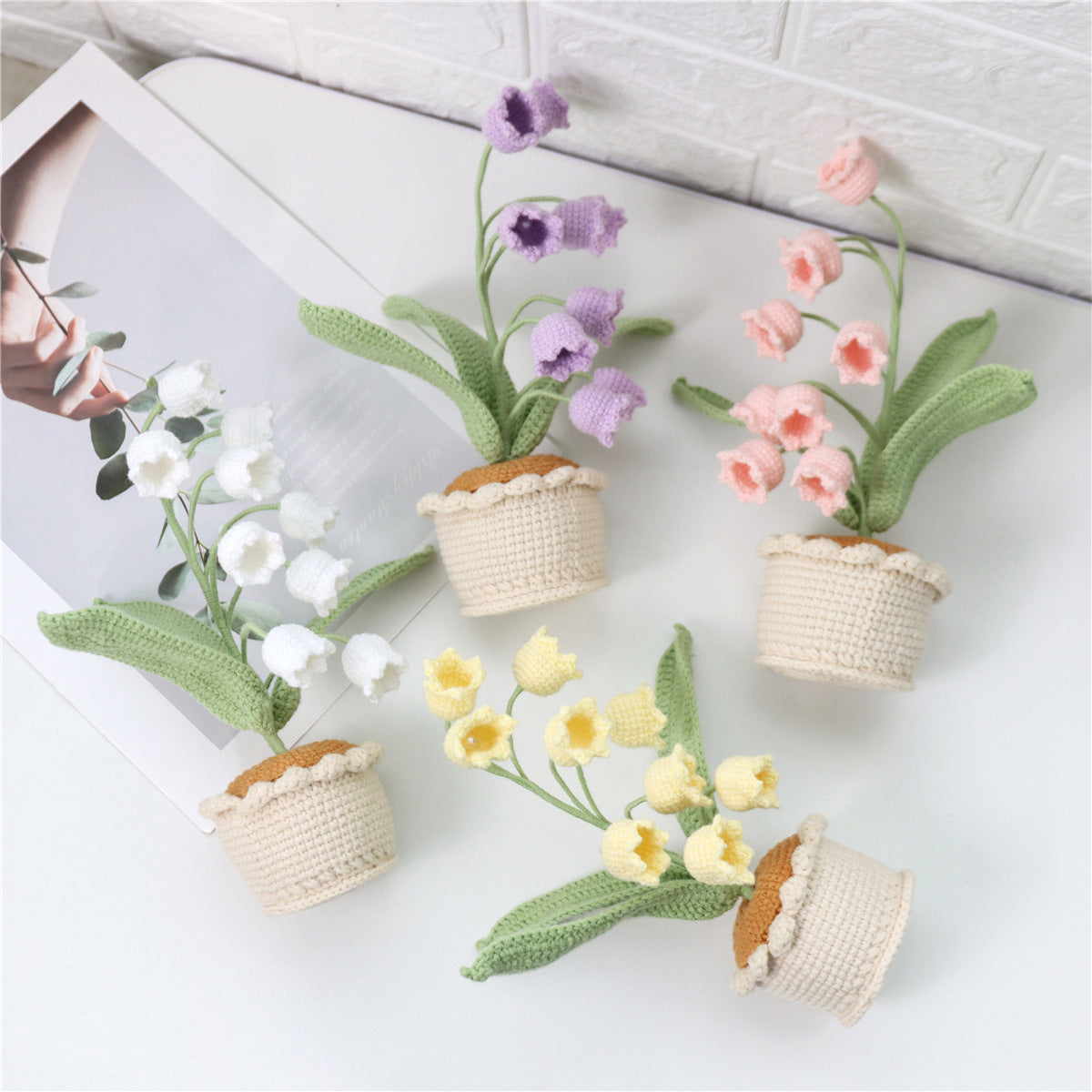 Hand-Crocheted Lily-Of-The-Valley Potted Plants For Home Decoration, Holiday Gifts, And Yarn-Woven Artificial Flower Arrangements