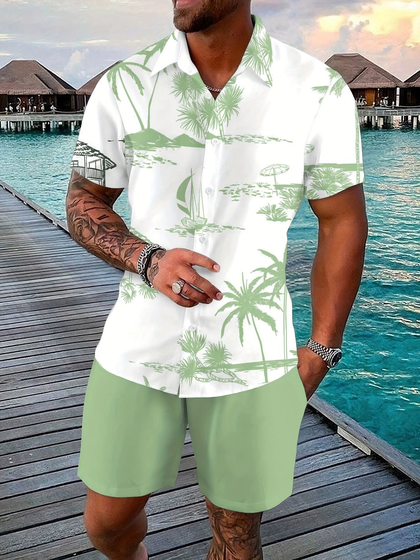 New Solid-color Mens Shirt Set