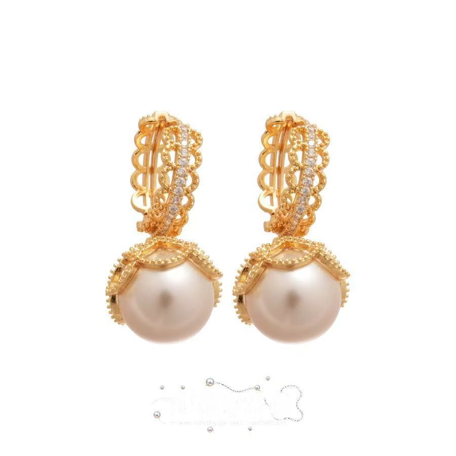 New Zircon Lace Trim Pearl Huggie Earrings, French Vintage Elegant Versatile Fashion Hoops, Light Luxury Niche Women Ear Jewelry