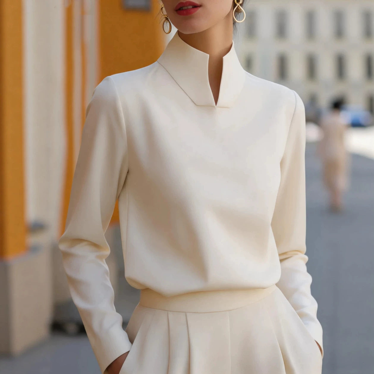 New Chinese-style Mandarin-collar Long-sleeve Blouse Niche Office-chic Top For Women