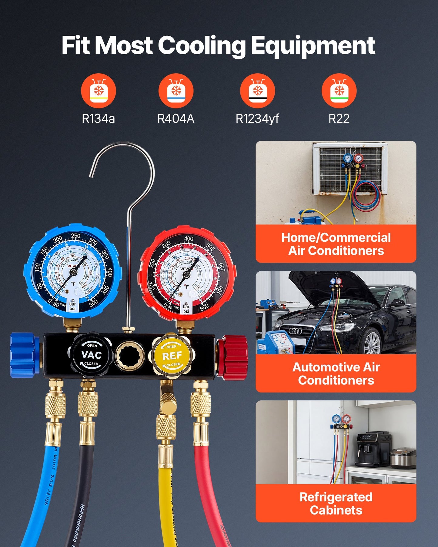 AC Manifold Gauge Set For R134a R404A R1234yf R22 Refrigerant, 4 Way AC Gauge With 5 Ft Hoses, Adapters, Quick Couplers, Can Taps For Automotive Air Conditioning Maintenance, Charging Evacuation