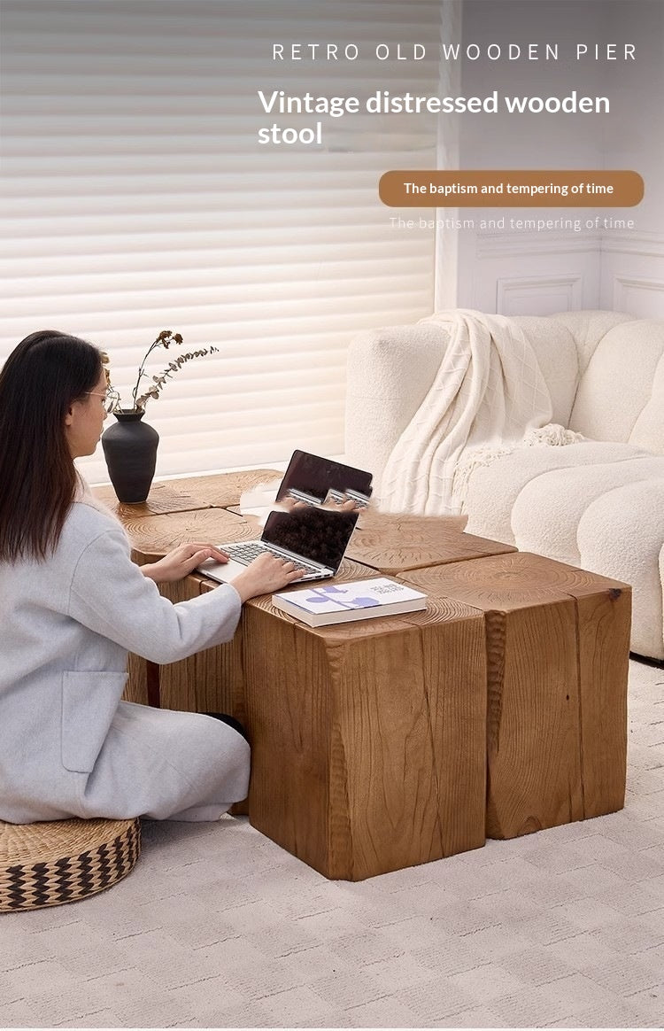 Log Stool Square Solid Wood Tea Table
