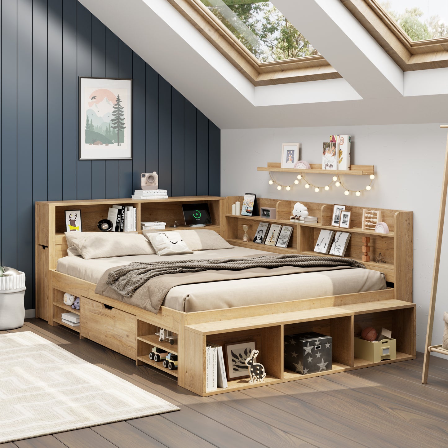 Children's Bed, Storage Bed, 140 X 200 Cm, Single Bed, Multifunctional Cot With Bedside Table, Drawers, Shelves, Storage Cupboard, With Wireless Charging, Without Mattress, Natural
