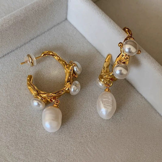 Best Selling Natural Baroque Pearl Vintage Old Money Gold Stud Earrings For Women, Elegant Light Luxury High-End Fashion Ear Jewelry