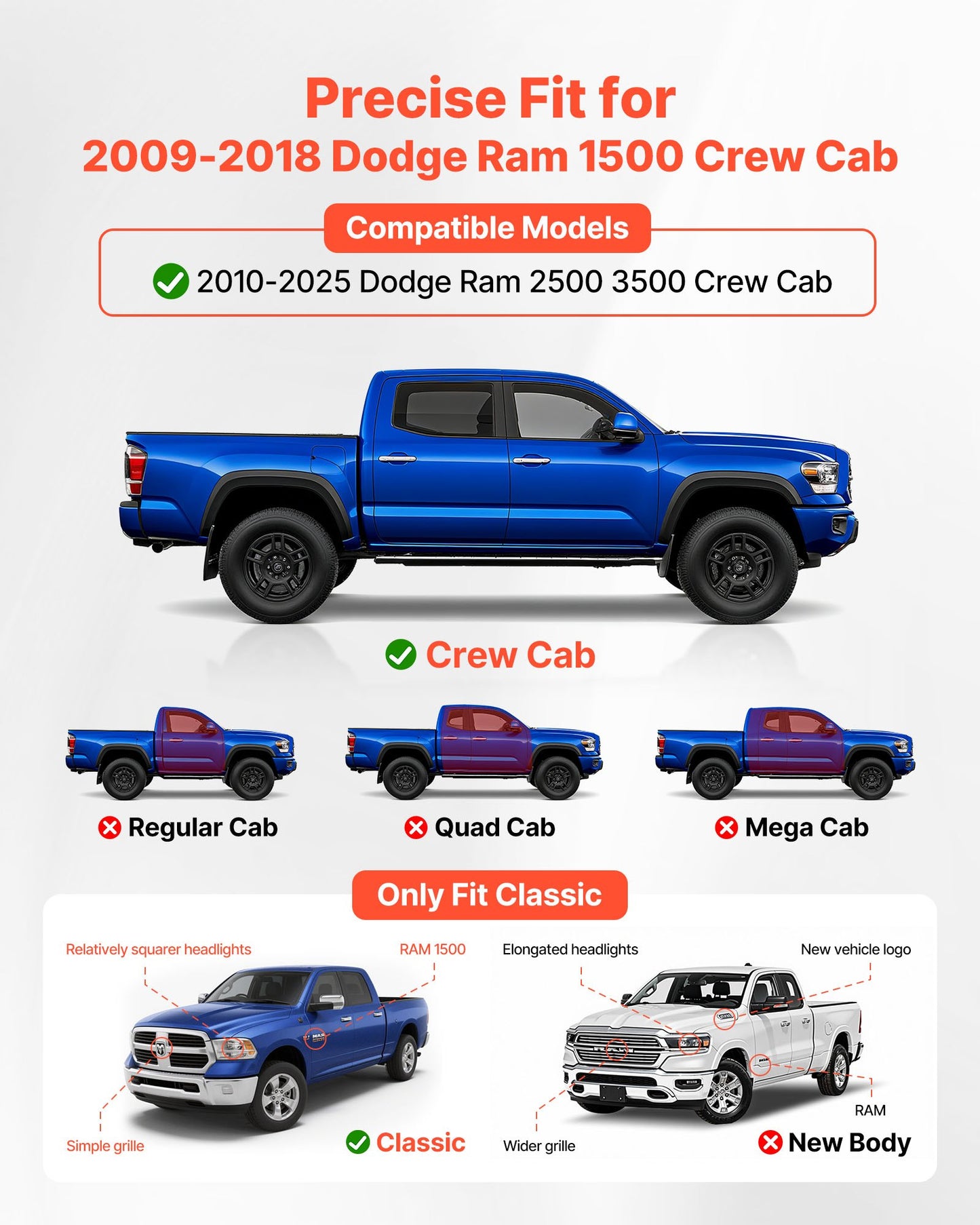 Running Boards, 6 Inches Side Steps Compatible With 2009-2018 Dodge Ram 1500 Crew Cab, 2010-2025 Dodge Ram 2500 3500 Crew Cab Not Fit 2019-2025 Ram 1500 New Body